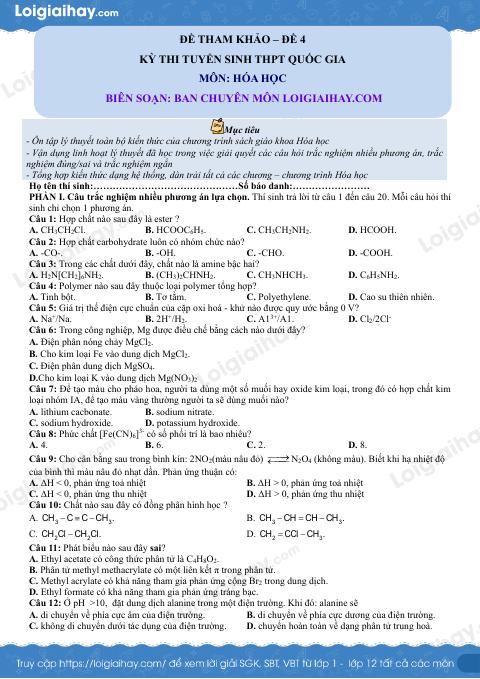 Đề tham khảo thi Hóa THPT (Đề số 4) - có lời giải chi tiết